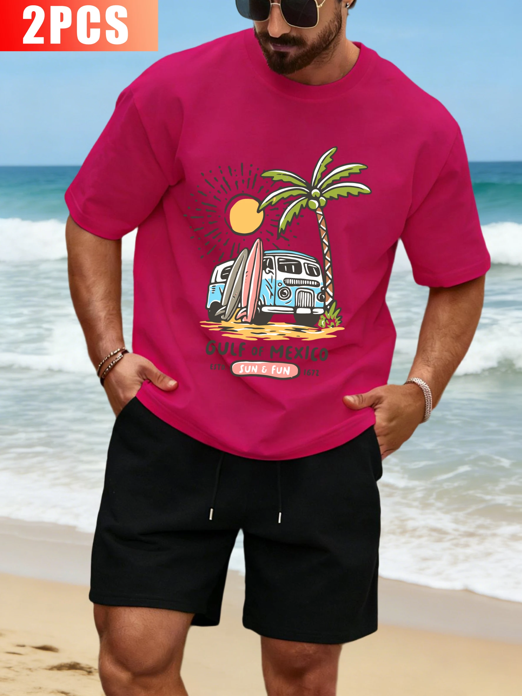 

Gulf Of Mexico Estd Sun Fun Print Sportsuit Man Summer Soft Cotton T-Shirts Sport Drawstring Shorts Unisex Loose Hip Hop Clothes