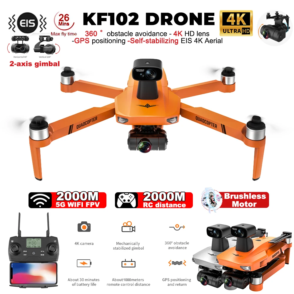 KF102 MAX Professional Drone 4K HD Camera 2-axis PTZ Laser Obstacle Avoidance GPS 5G WiFi FPV Brushless Motor RC Quadcopter Dron