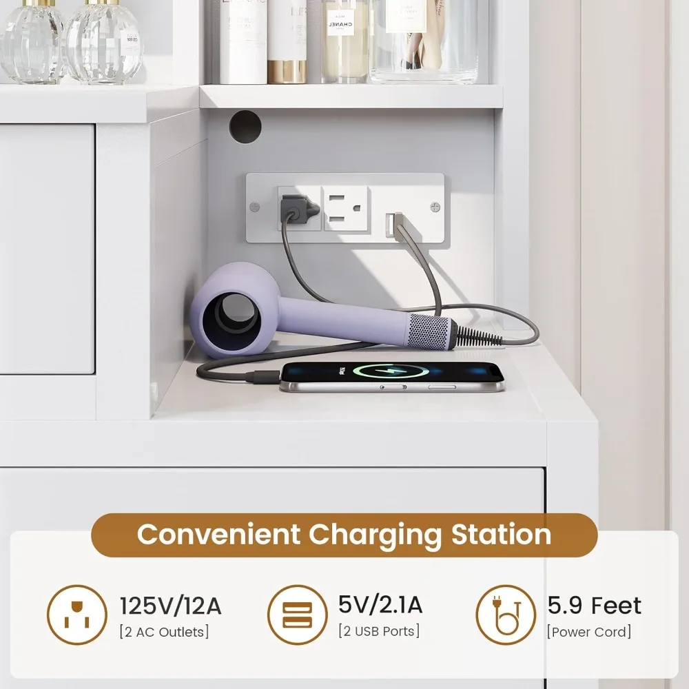 White Makeup Vanity with 10 Light Bulbs, Modern Vanity Desk with Mirror & 3 Lighting Modes, Vanity Table  Outlets