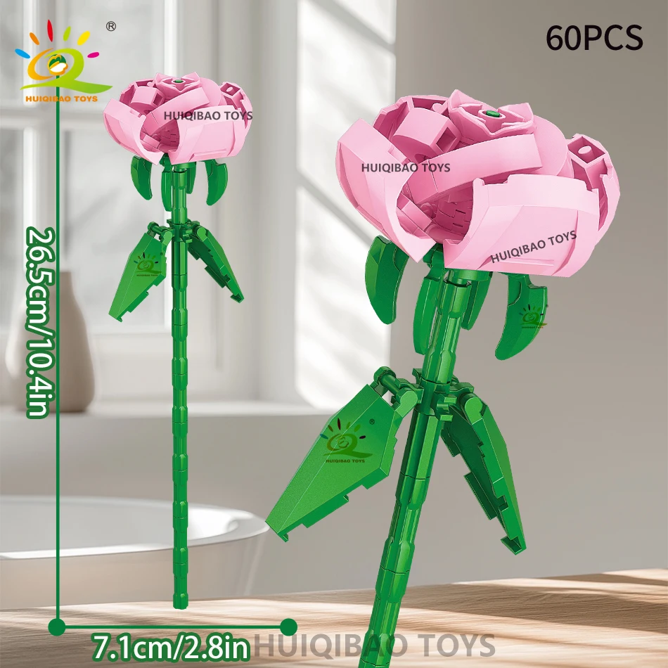 HUIQIBAO-ramo de flores rosas para el Día de San Valentín, juego de bloques de construcción, flores artificiales para decoración del hogar, Kits de ladrillos de rosas de cristal, Juguetes