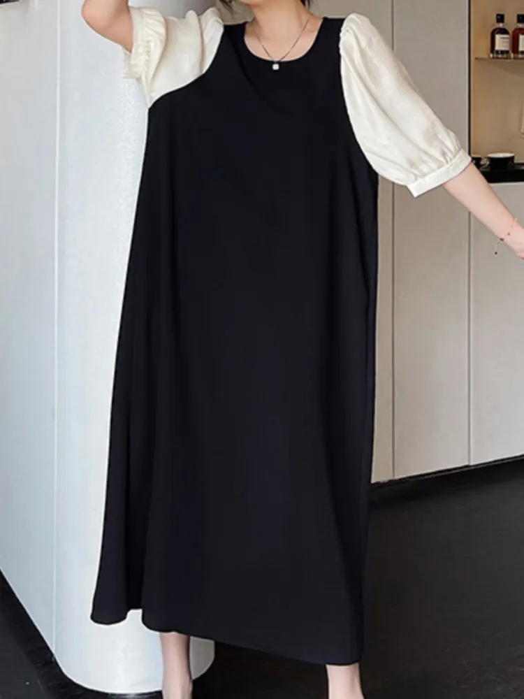 ฤดูร้อนขนาดใหญ่เสื้อชุดผู้หญิงรอบคอหลวม Fit เสื้อแขนสั้นผู้หญิงชุด Vintage Design ชุดเดรสสุภาพสตรี