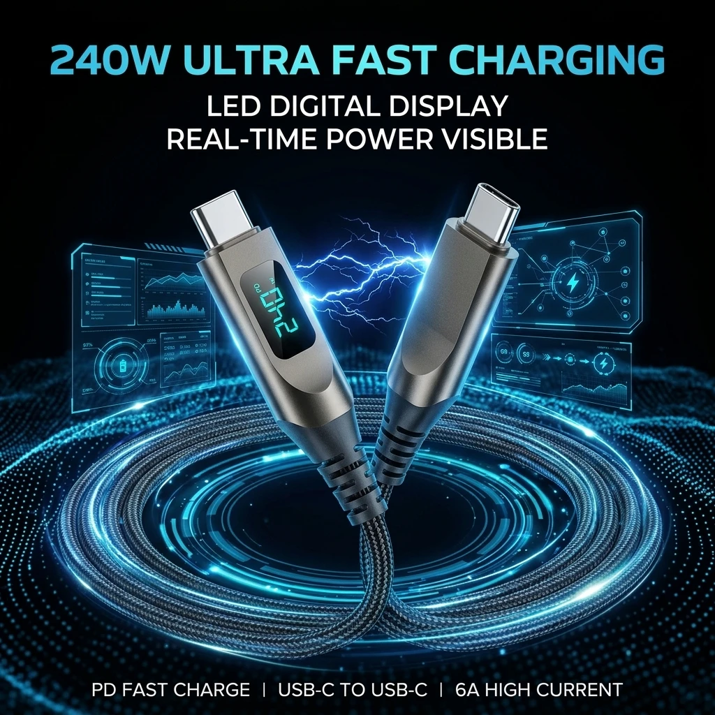 

240W USB C Cable PD Fast Charging 6A LED Display Zinc Alloy Type C to Type C Fast Charge Cable for Phone Laptop Tablet