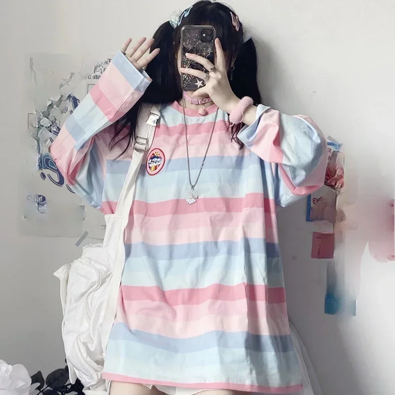 harajuku Long Sleeve T Shirt girl Christmas Topspring autumn embroidery stripe Tops Tees Women full Sleeve T-shirt Casual Female