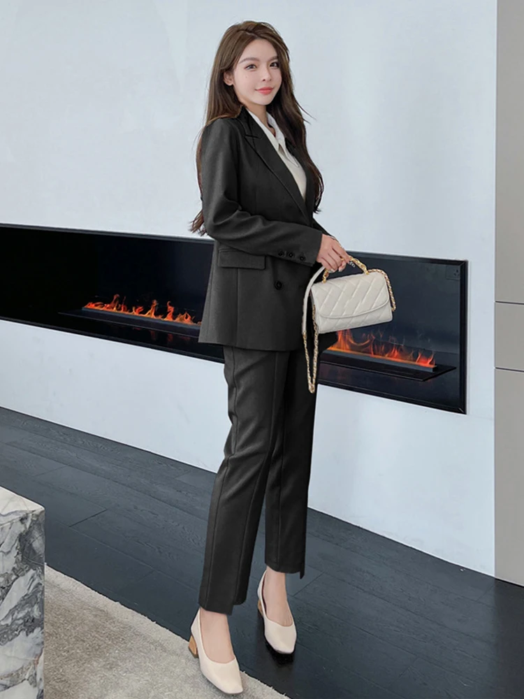 Moda Wiosna Jesień Formalny 2-częściowy strój Garnitury Kobiety Odzież damska Dojazdy do pracy Casual Solidne topy Płaszcz Marynarka Garnitur Długie spodnie Zestaw