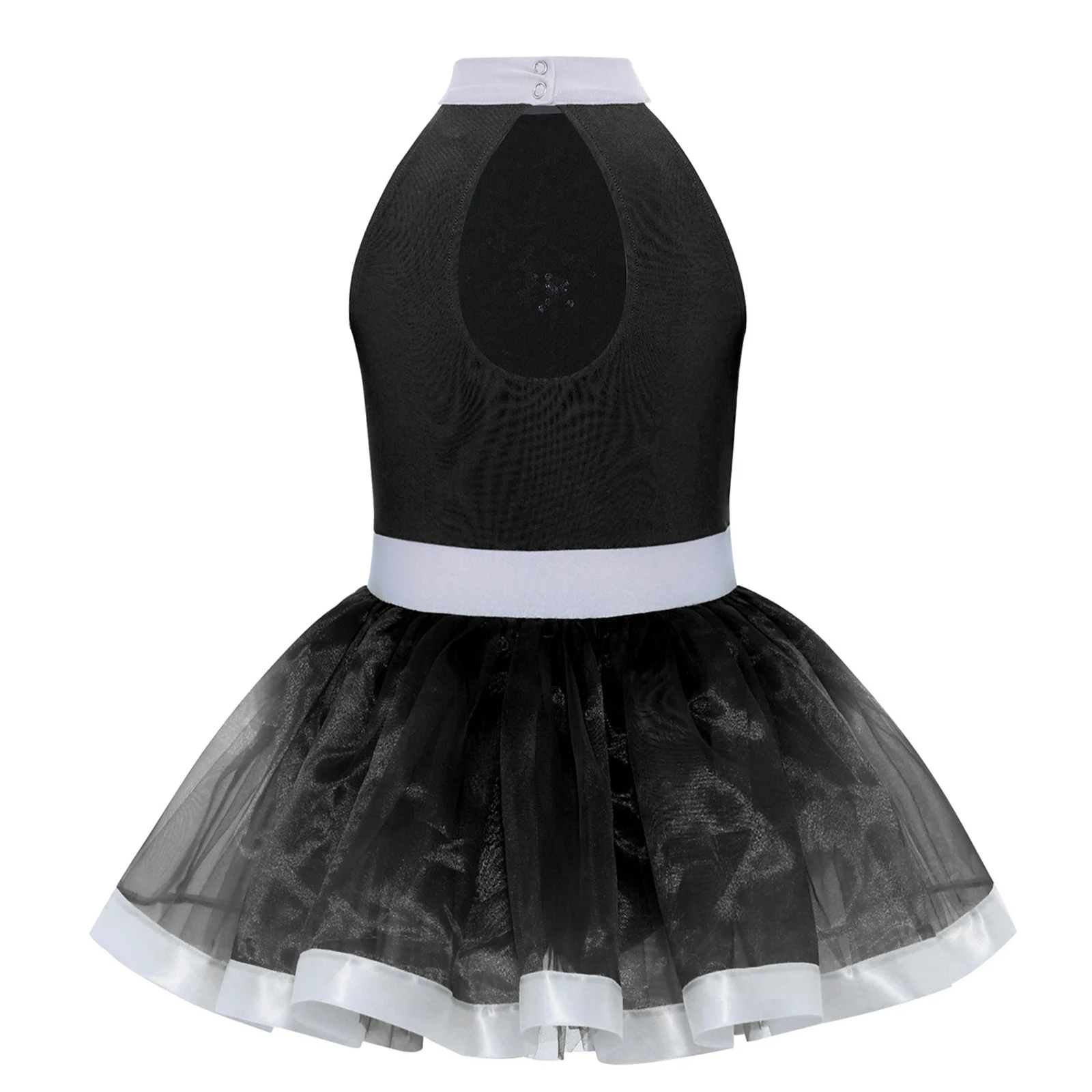 Sukienka baletowa dla dziewczynek z cekinami, kokardą i wszytymi majtkami, idealna na występy sceniczne.