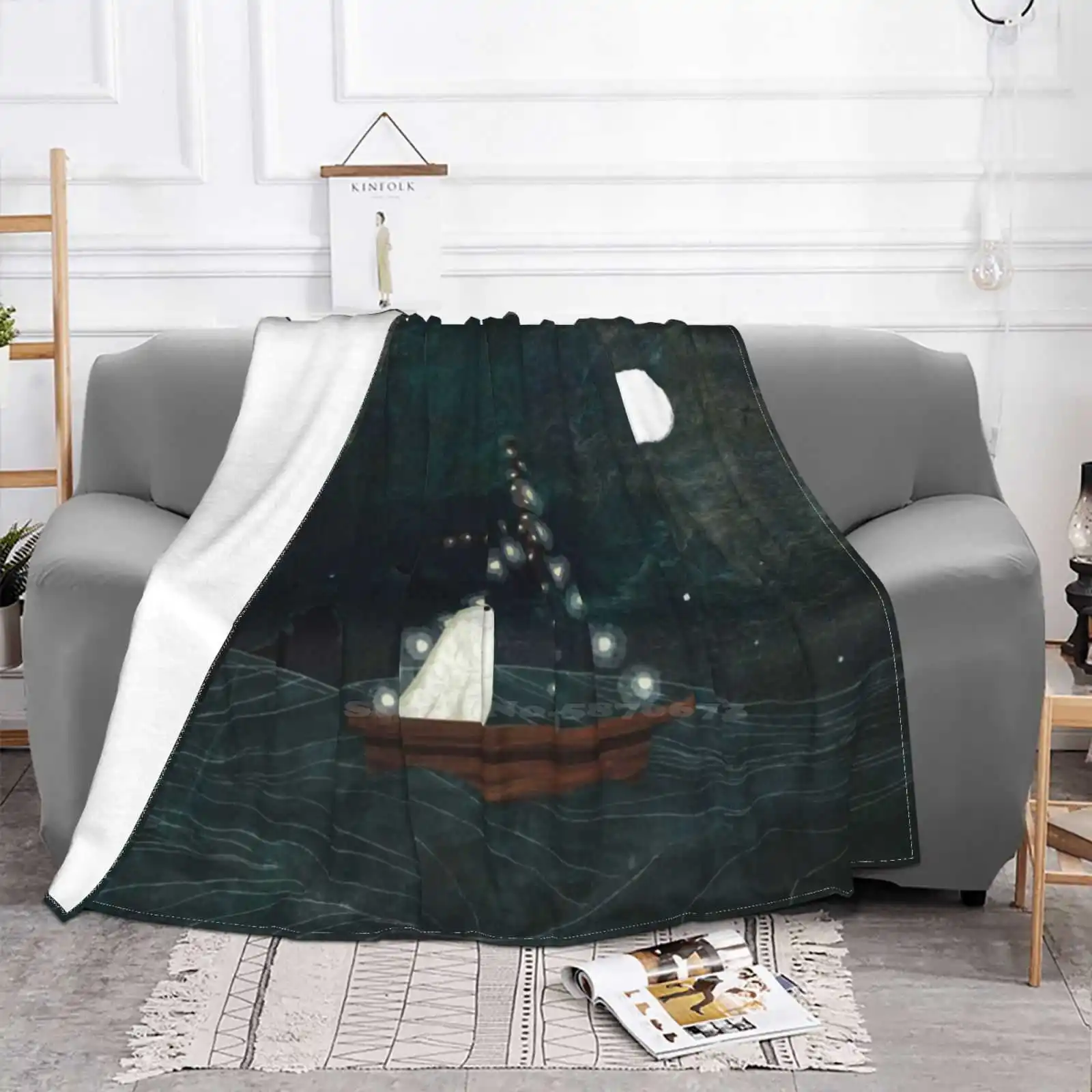 Ghost Boat Ride Blanket Soft Warm Travel Portable Blanket Ghost Sea Ocean Light Moon Stars Dark Haunt Creepy Cute Sailing