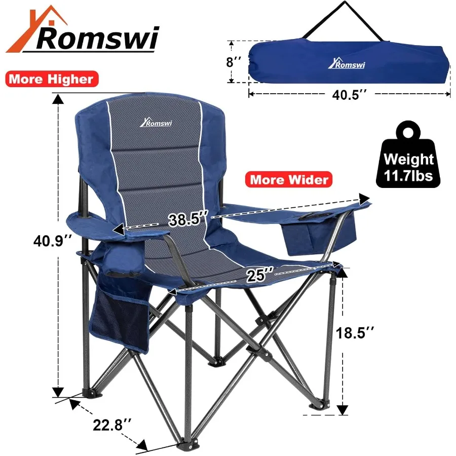 Oversized Camping Chairs with Heavy Duty Support up to 500 LBS Padded Back and Armrests for Comfort Builtin Cup Holder and Cool