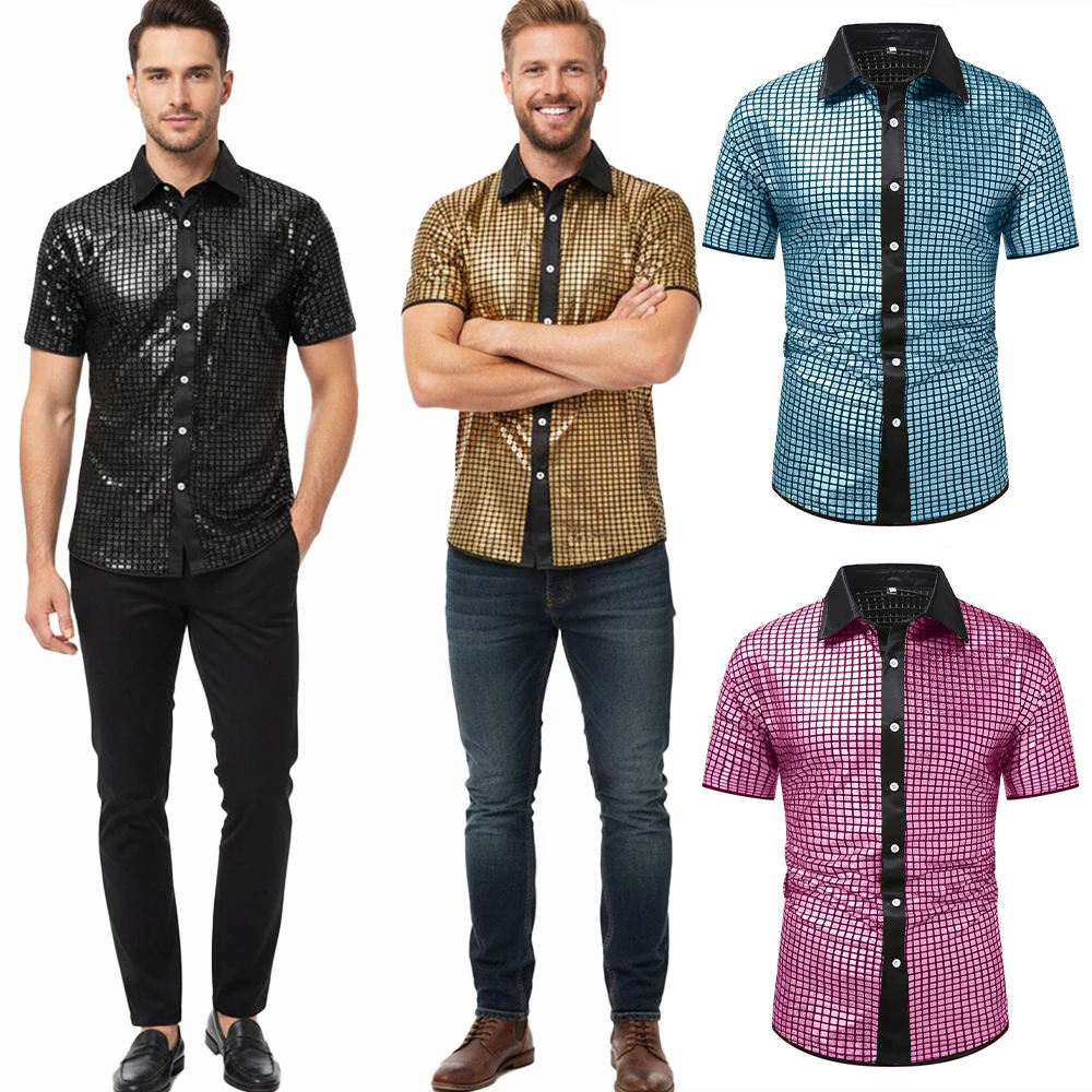 Men's Shiny Short-Sleeve Button-Down T-Shirt Retro Disco Singer Nightclub Party Sparkling Performance Shirt Halloween Costume