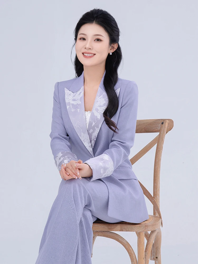 

Новый китайский фиолетовый костюм: профессиональная рабочая одежда, женские расклешенные брюки, официальная верхняя одежда для ведущих, длинные брюки, полиэстер...