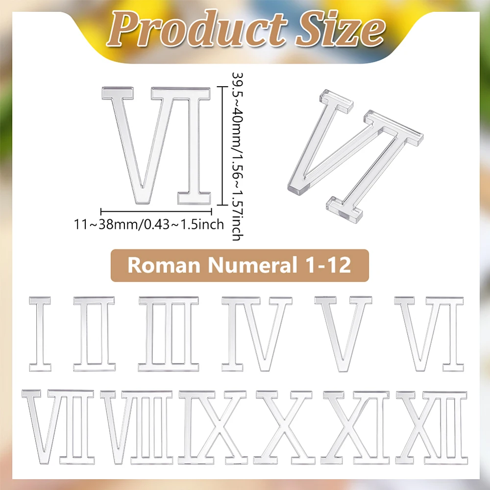 12 Pack Acrylic Roman Numerals Set for DIY Wall Clock Making 1.57inch Clock Numbers Kit with Complete 1-12 Numerals Silver