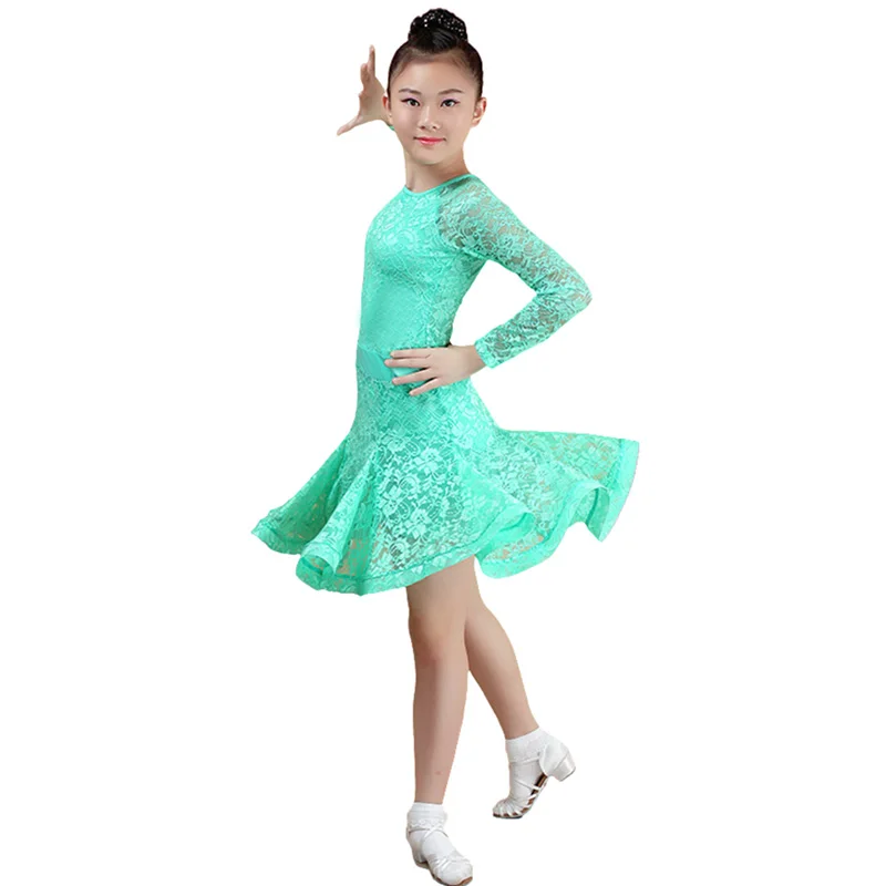 Girls Lace Ballroom And Latin Dance Dresses For Sale Cha Cha Rumba Samba Jive Long Sleeves Children Teen Latino Dress