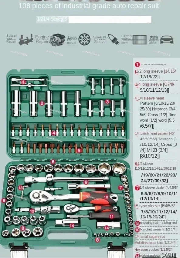 108pcs Ratchet Wrench Set Kit Sleeve for Car Motorcycle Bicycle Repair Tools Combination Repair Wrench Socket Spanner