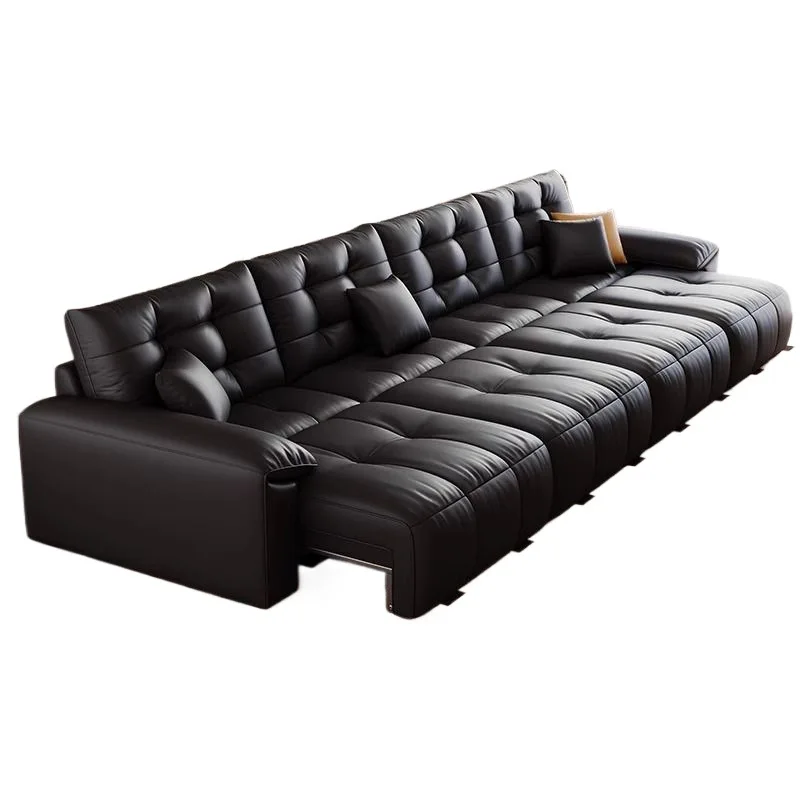 Leather bed multi-functional living room dual-purpose straight row three-person retractable black can be moved