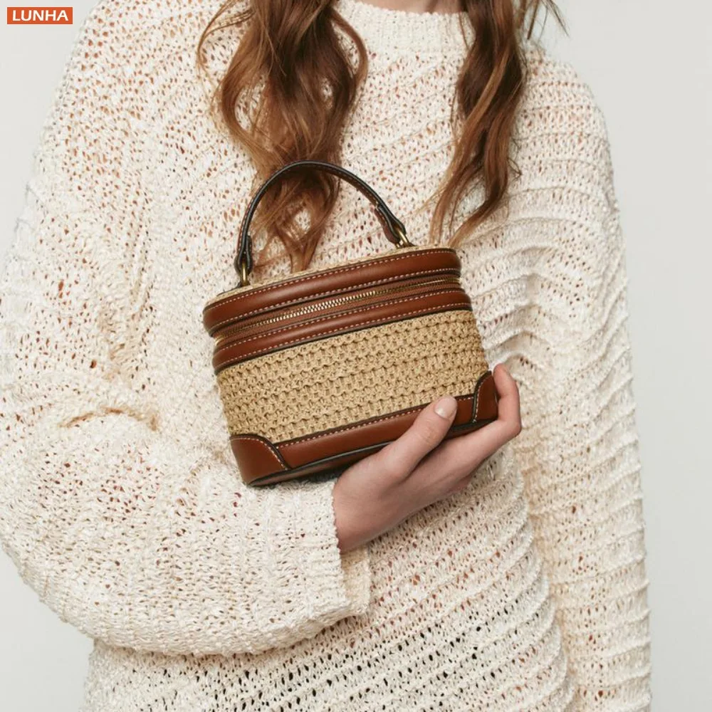 Women Mini Crossbody Woven Box Bag Vanity Purse Handbag Summer Braided Cylinder Crossbody Bucket Bags Luxury Boho Vintage Style view 5