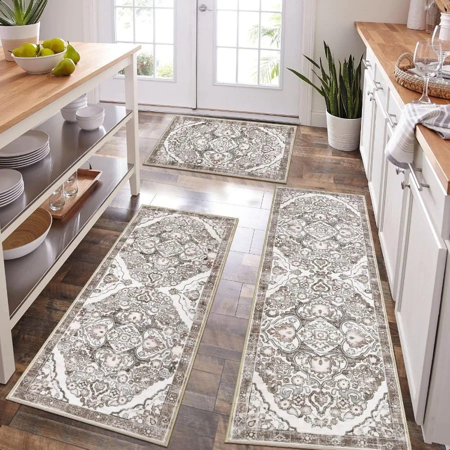 HEBE Farmhouse Kitchen Rugs Sets of 3 Non Slip Washable Boho Kitchen Rugs and Mats for Floor Kitchen Runner Rug Floor Carpet fo