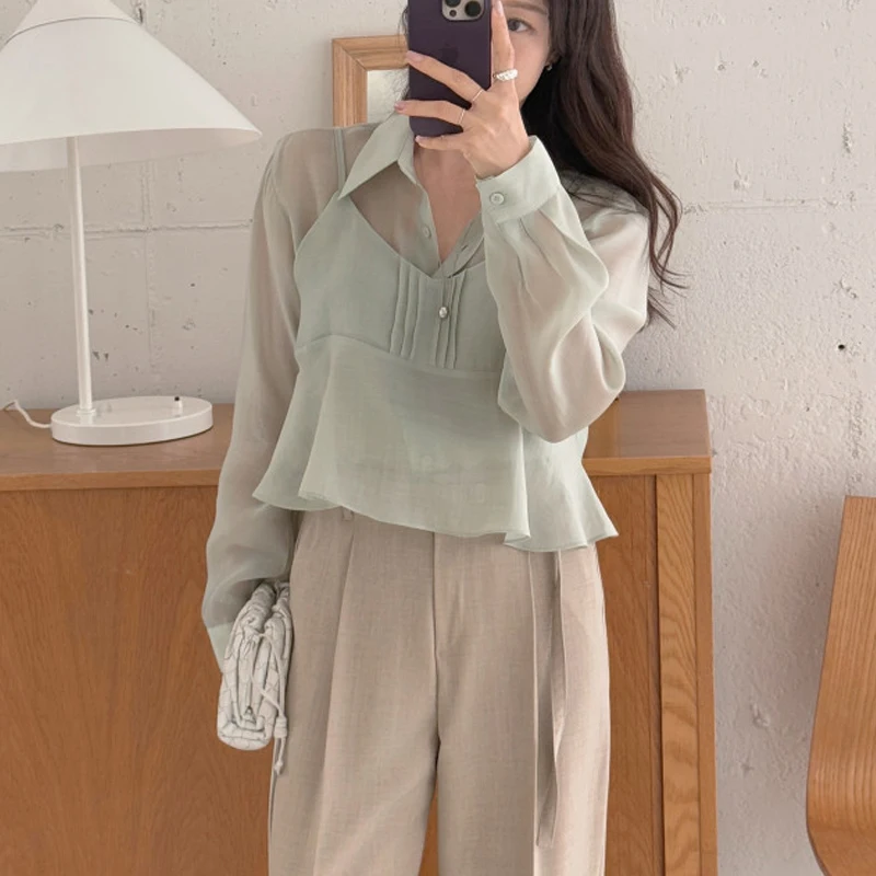 

Spring 2025 Early Chic Transparent Design Long Sleeve Vest And Shirt Two-Piece Set Commute Style Straight Cut Thin Material P...