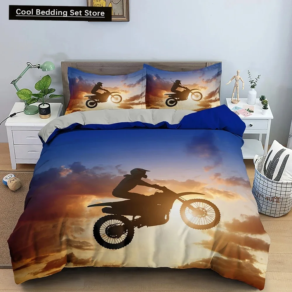 Motocross King Queen Bedding Set for Boys Adults Off-road Race Motorcycle Duvet Cover Dirt Bike Rider Polyester Comforter Cover