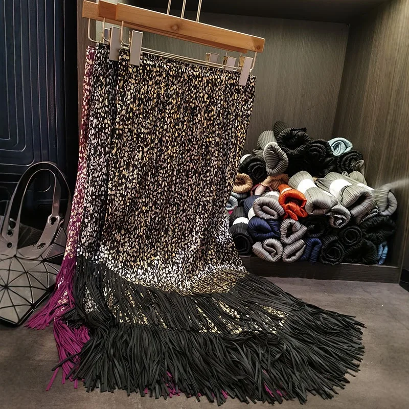 

Miyake Pleated Skirt 2025 New Double Layer Tassel Gilt Senior Slim Fold Jupe Women's Mid-length A-line Straight Pleat Skirt