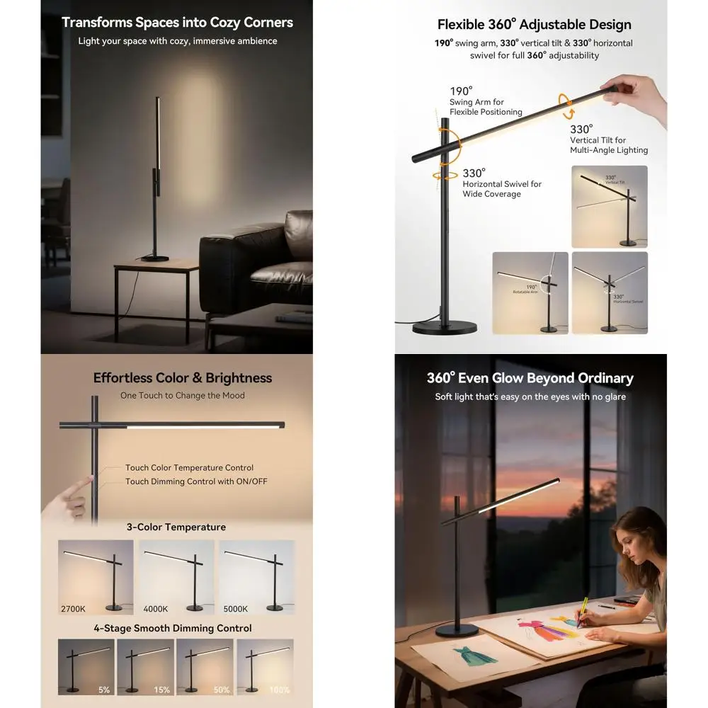 

Регулируемая светодиодная настольная лампа с тройными соединениями и 3 цветами, 4-ступенчатая сенсорная лампа с регулируемой яркостью для чтения и работы