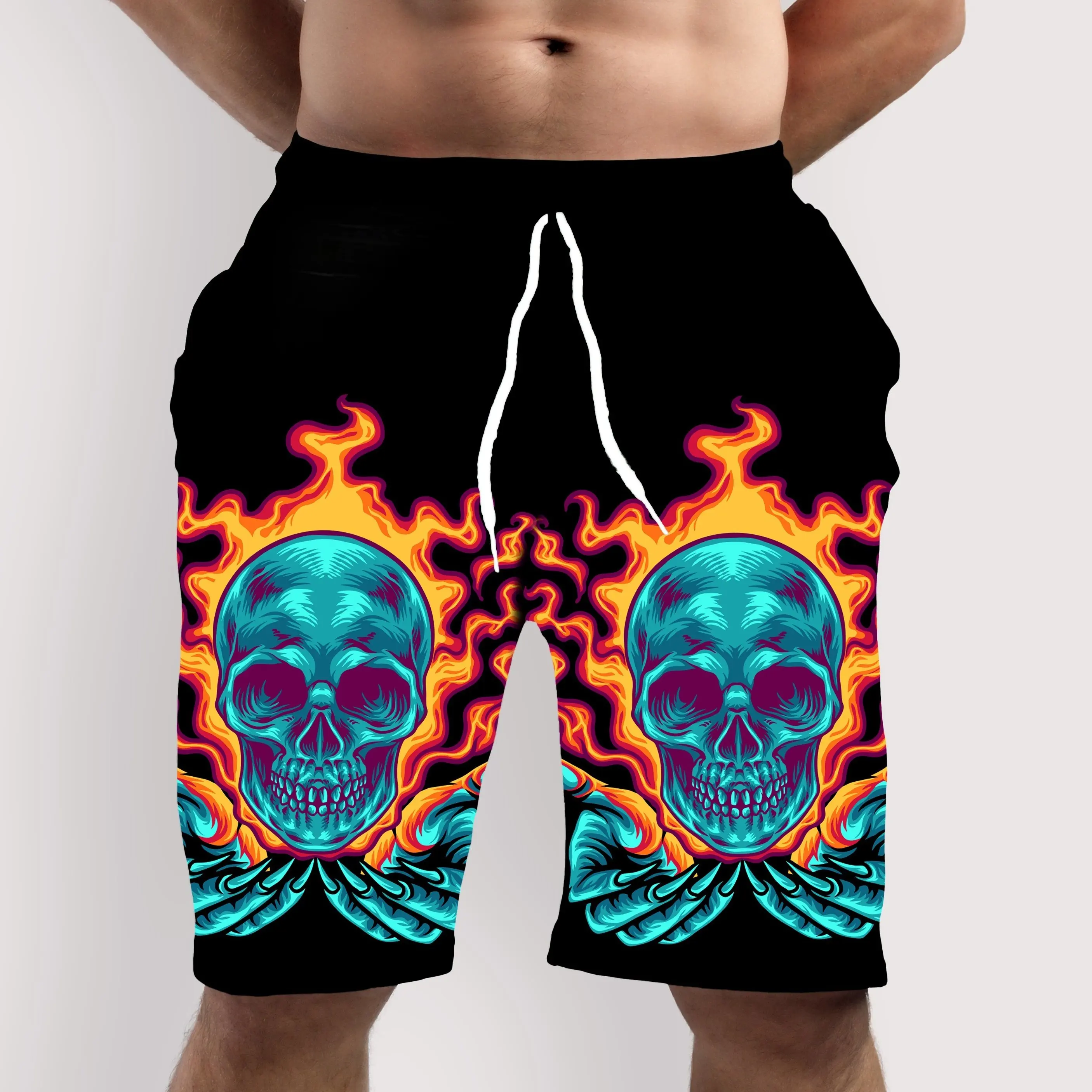 Men\'s Skull 3D Pattern Comfy Shorts Oversized Casual Elastic Waist Drawstring Shorts for Summer Beach And Basketball Sport Short