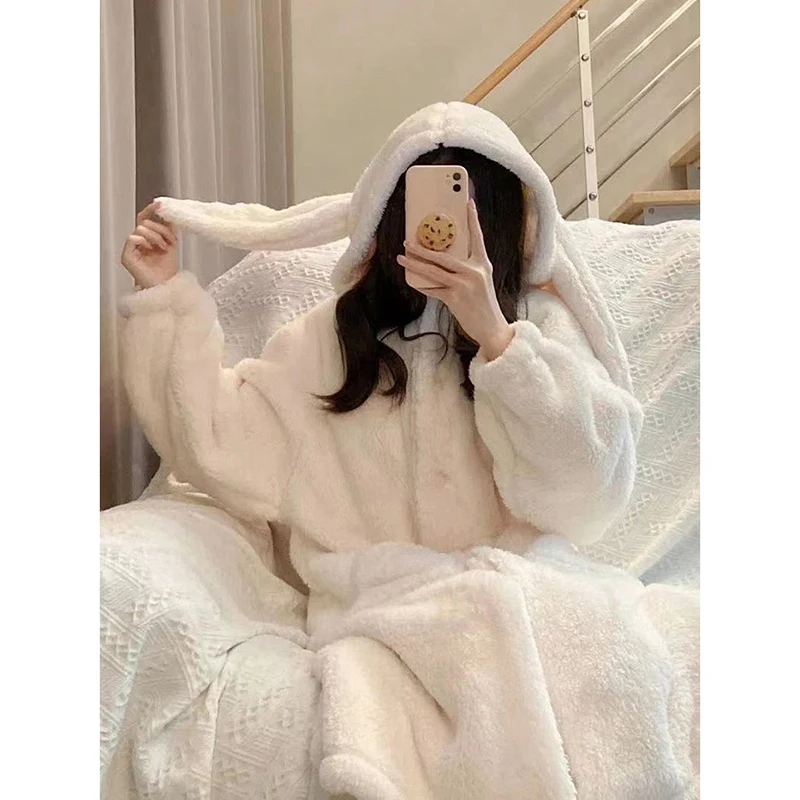 Rubbit Robe for Women Sleepwear Hooded Nightdress Winter Fleece Pajama Night Wears Warm One Piece Nightgown Long Sleeve Homewear