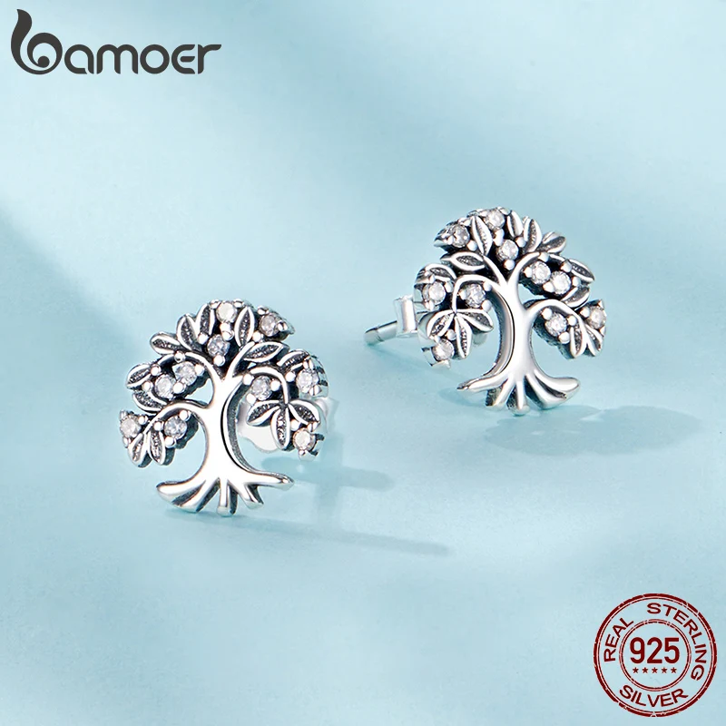 BAMOER Solid 925 Sterling Silver Tree of Life Stud Earrings Dainty Casual Stud Earrings for Women Fashion Hypoallergenic Jewelry