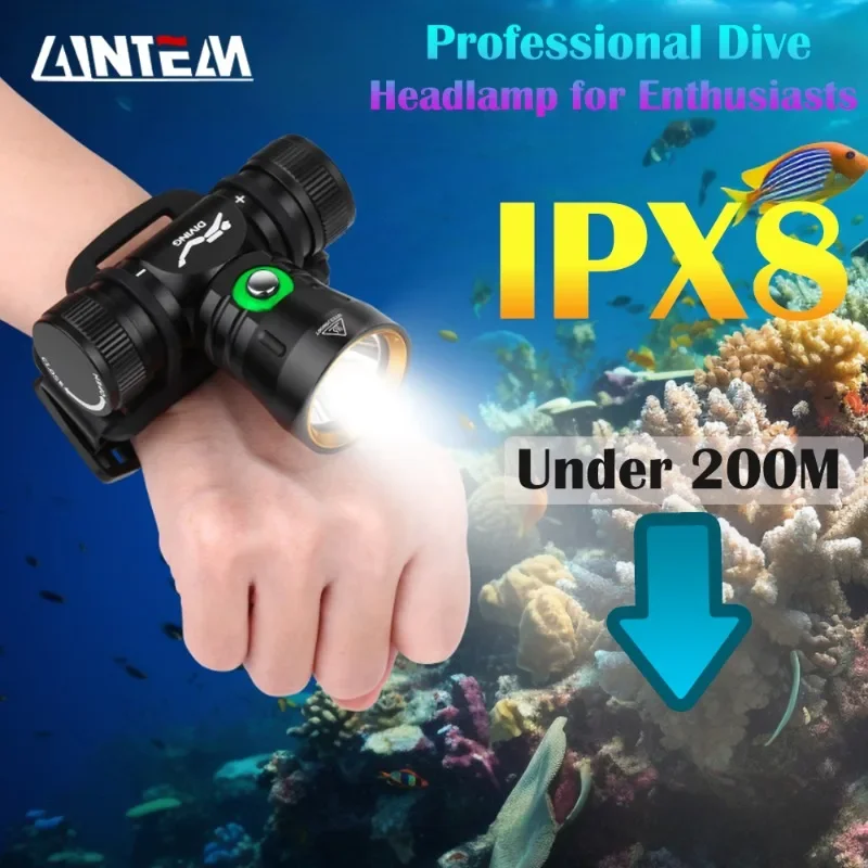 Linterna de cabeza de buceo potente LED profesional, 5000LM, IPX8, resistente al agua, bajo el agua, 200M, batería 18650