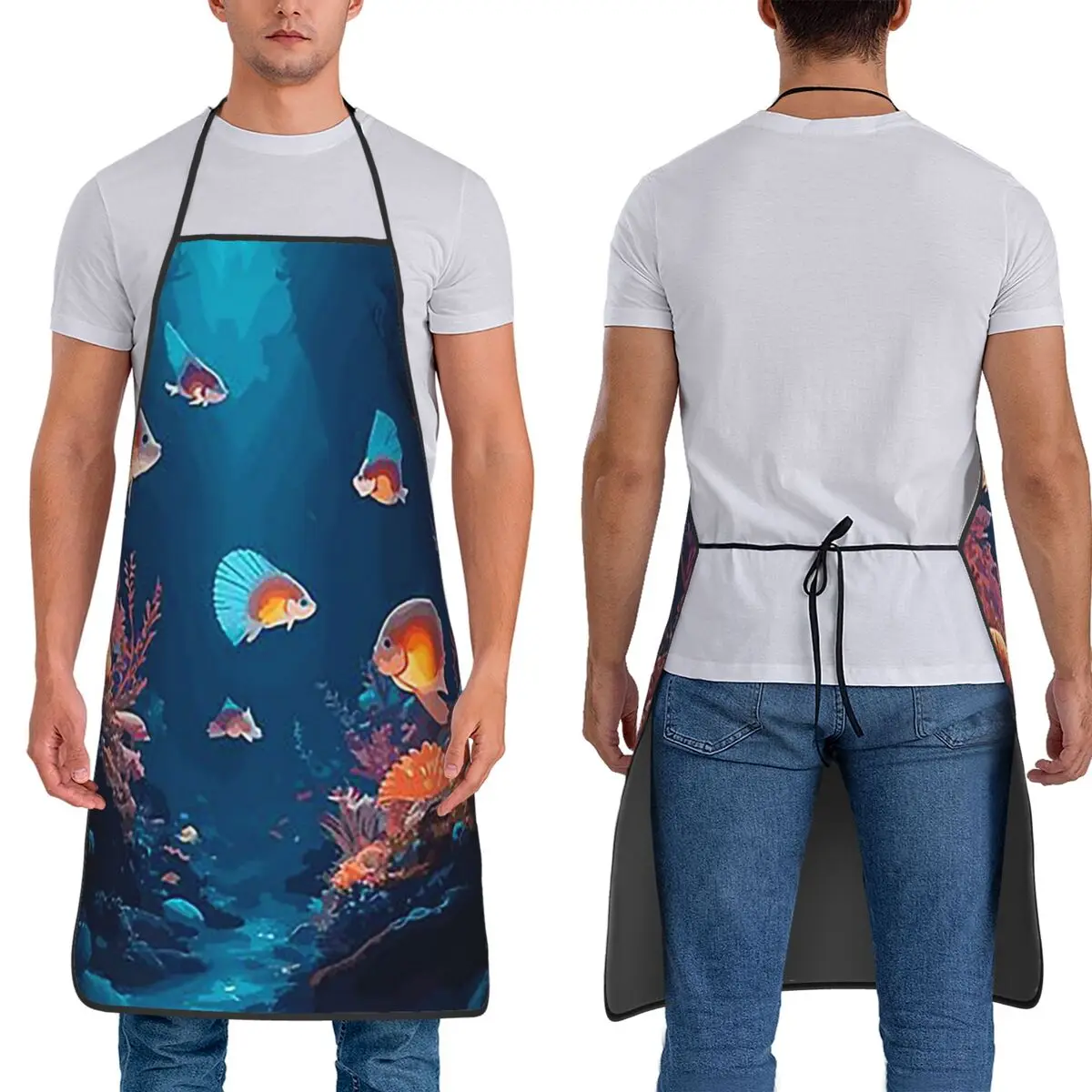 

Подводный мир, фартуки с тропическими рыбами, шеф-повар, кулинария, столер, нагрудник без рукавов, кухонный сарафан для чистки, женский и мужской живопись