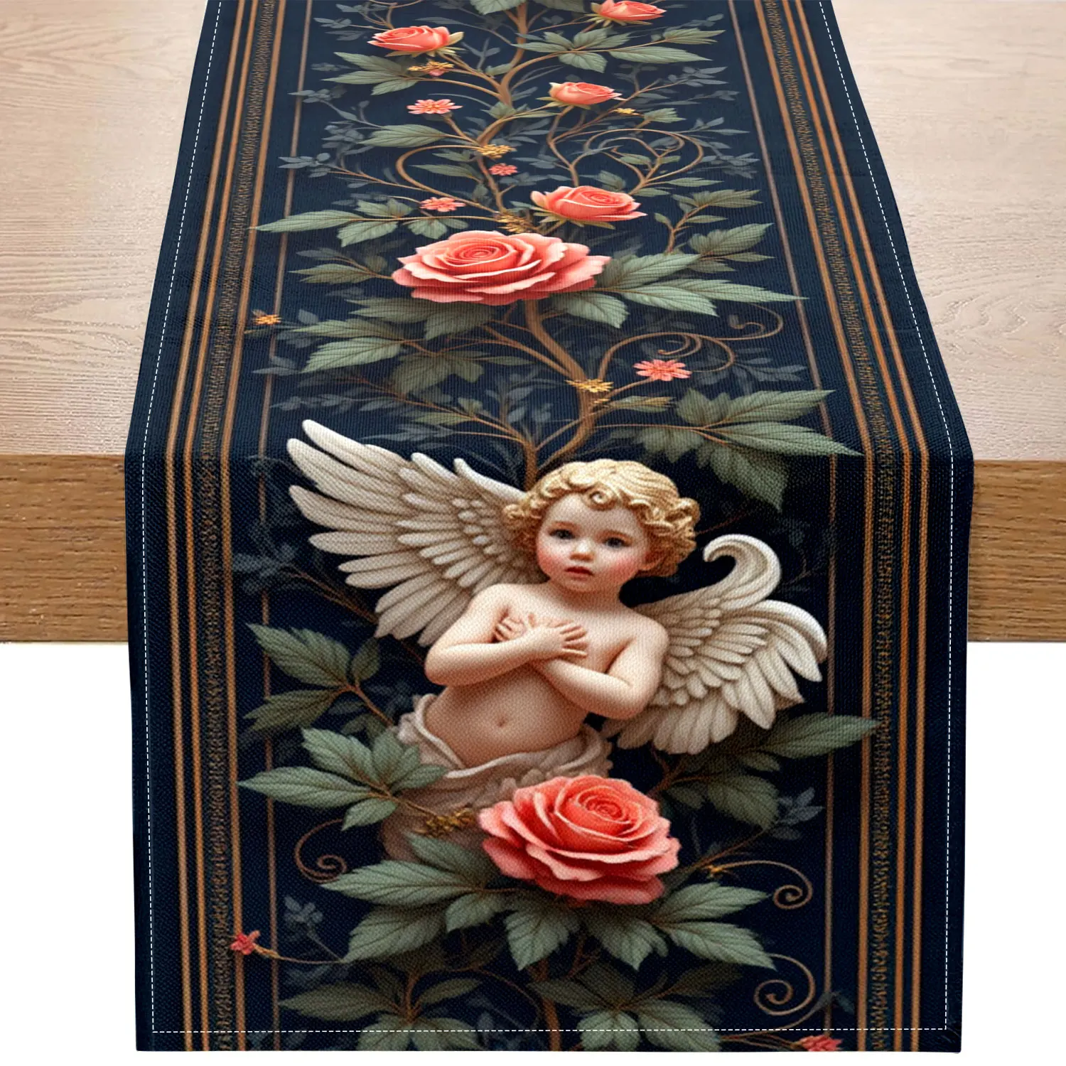1 Piece of European-Style Angel and Rose Themed Table Runner, Decorated with Angels, Roses, and Gold Patterns, Suitable for European-Style Homes, Weddings, and Other Occasions