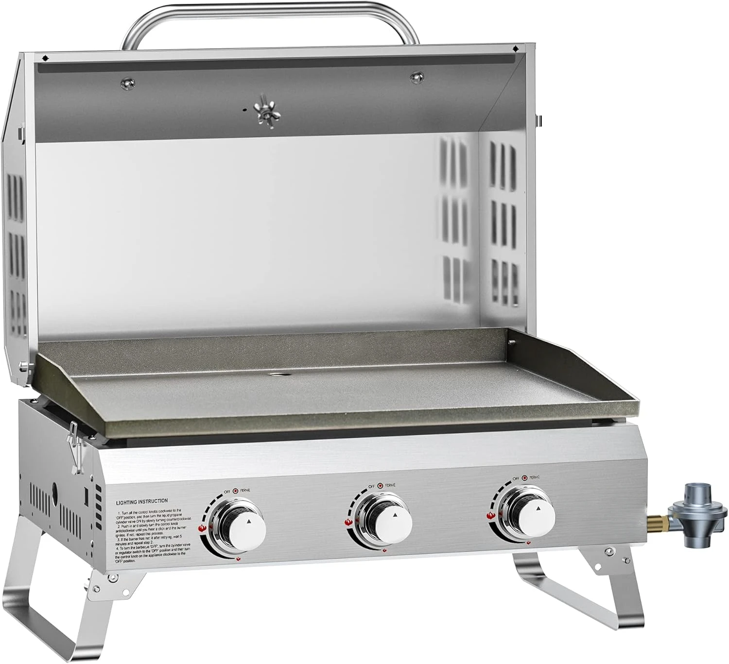 Flat Top Gas Griddle with Foldable Legs, 3-Burner Stainless Steel Propane Gas Grill Griddle, 24” Portable Tabletop Grid