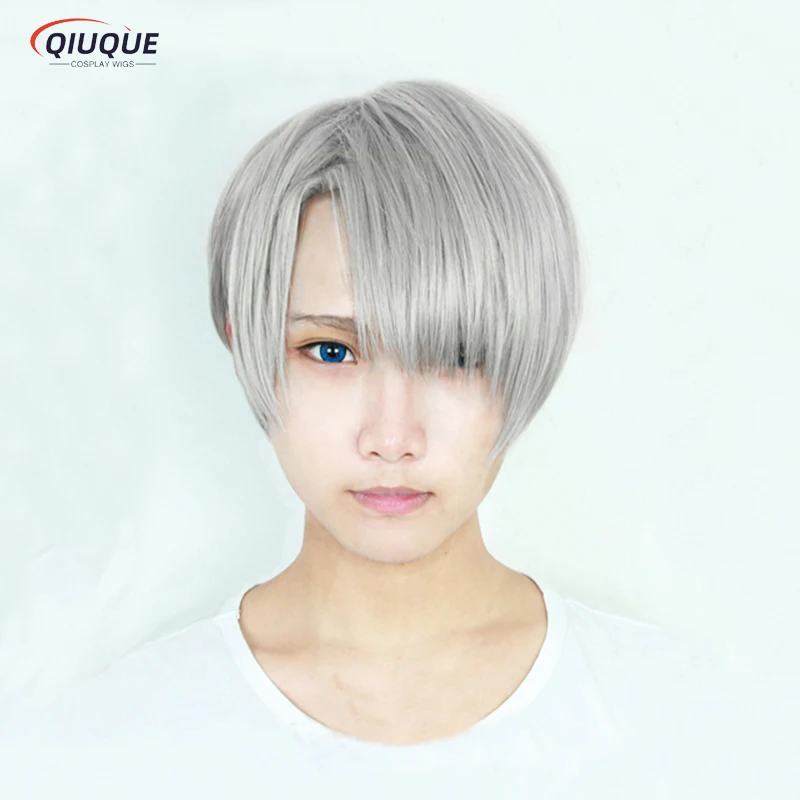 Anime Victor Nikiforov Cosplay Wig  Short Gray Mixed Heat Resistant Synthetic Hair Party Wig + Track + Cap