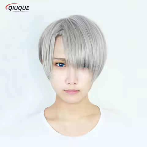 Anime Victor Nikiforov Cosplay Wig Short Gray Mixed Heat Resistant Synthetic Hair Party Wig + Track + Cap
