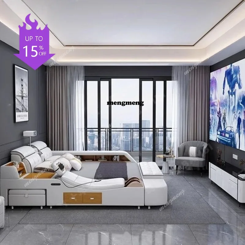 

Wooden Headboard Bed Modern European Double Upholstery Bed Queen Nightstands Lit Intelligent Multifonctions Home Furniture