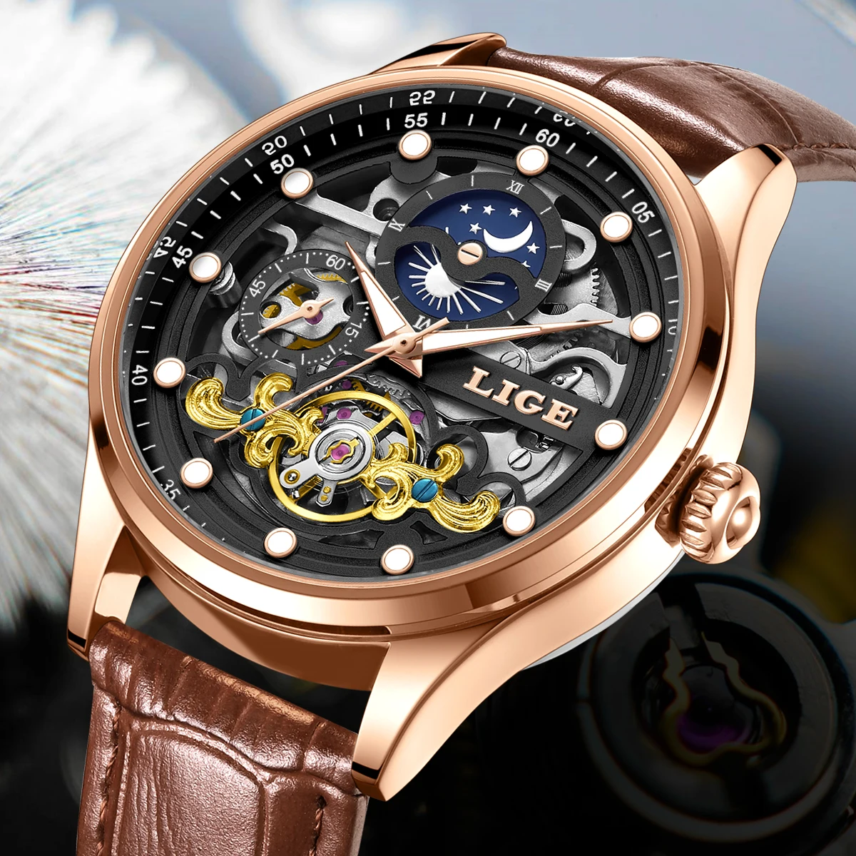 

LIGE 2026 Skeleton Mechanical Automatic Watch Men Tourbillon Sport Clock Watches Casual Business Moon Wrist Watch Relojes Hombre