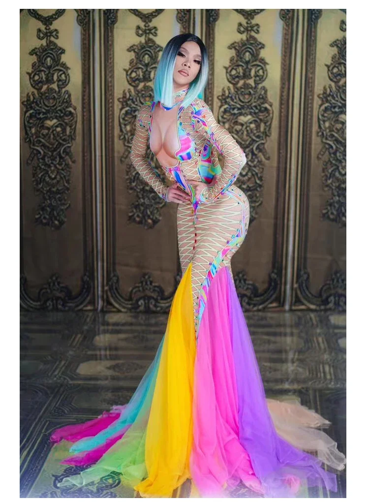 マーメイドドレスステージダンス衣装スパンコール女性のセクシーなストレッチパーティーイブニング誕生日ウェディングドレスパフォーマンス