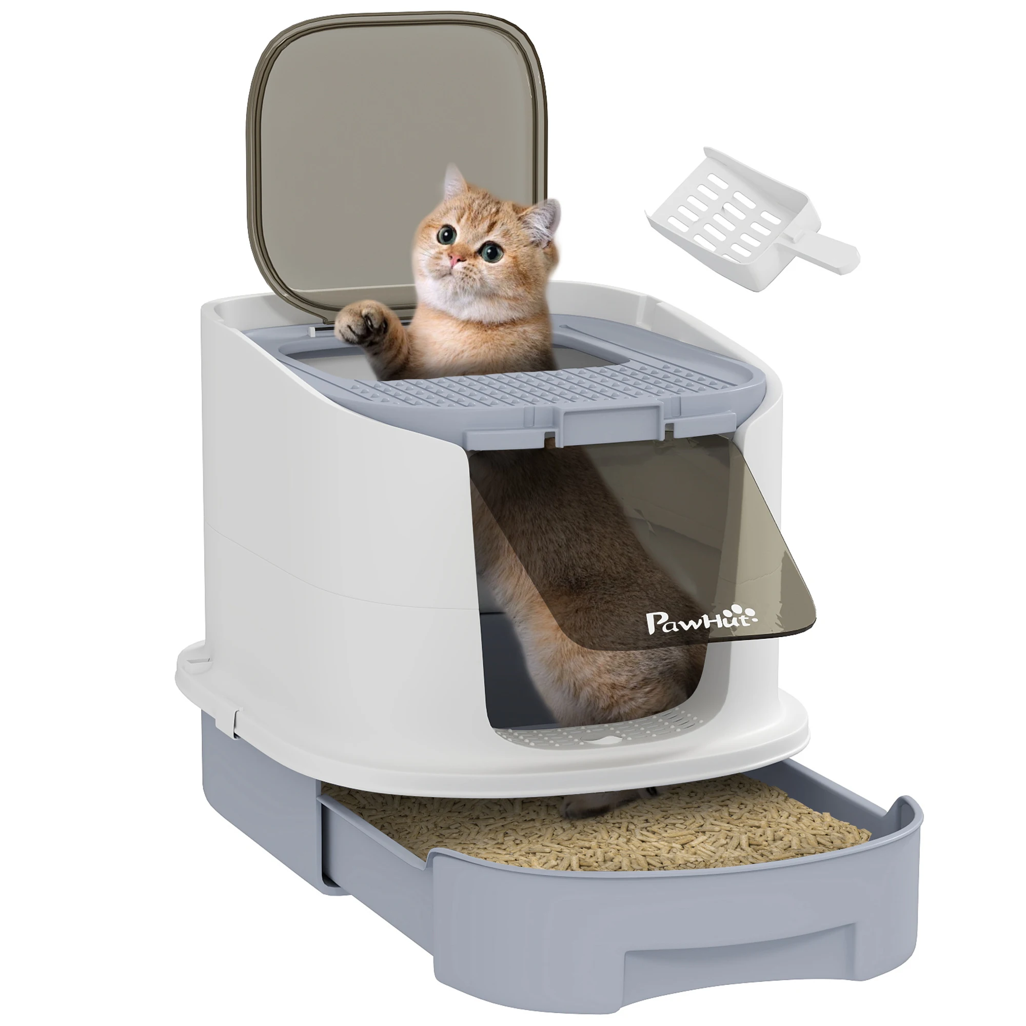 Bac à litière avec couvercle, accès surélevé, pelle, bac coulissant, adapté aux chats jusqu'à 4,5 kg, bac à litière pour chat, bac à litière pour chat, bac à litière pour chat, bac à litière entièrement fermé