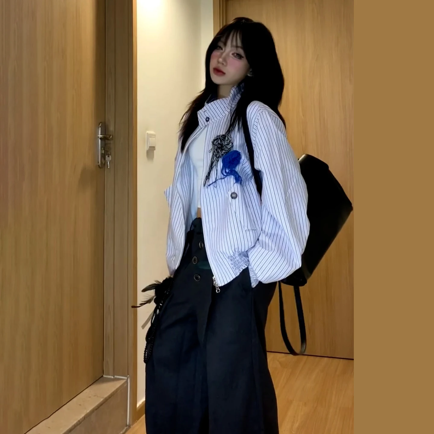 Amerikaans retro borstbloemjack voor dames in de lente / herfst 2022, nieuw designgevoel, collegestijl los gestreept jasje