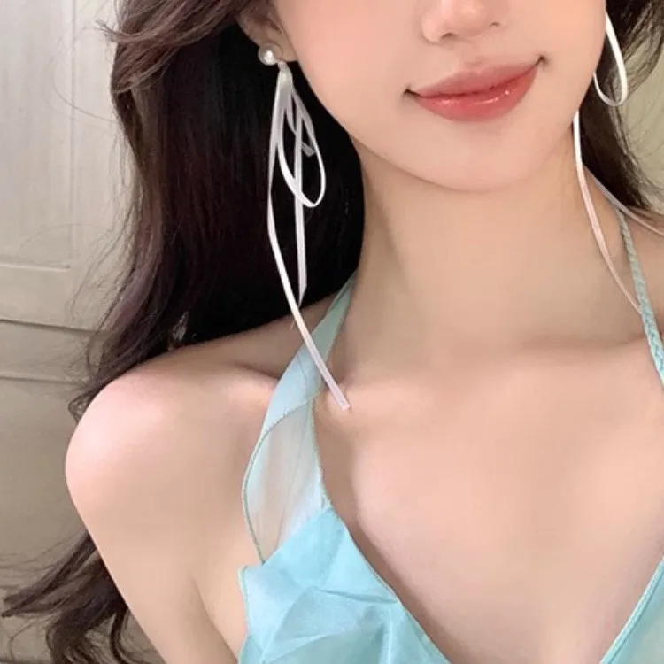 Earrings Bow Pearl Long Drop Sweet Ballet Summer Ethereal Ribbon Lightweight Premium Elegant Silver Tone Jewelry for Her