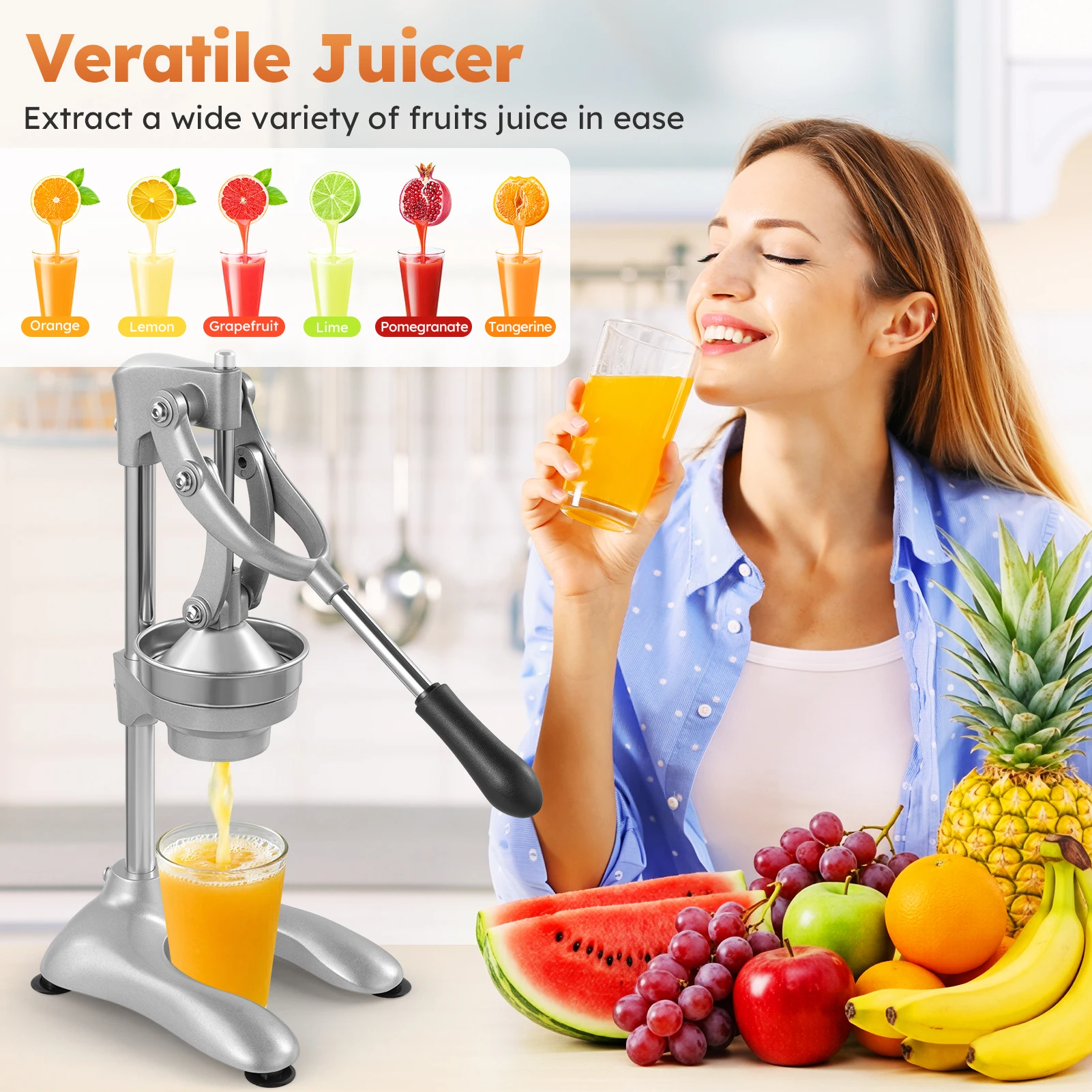 Heavy Duty Manual Citrus Juicer for Orange Pomegranate Lemon and Lime, Max Juice Extraction