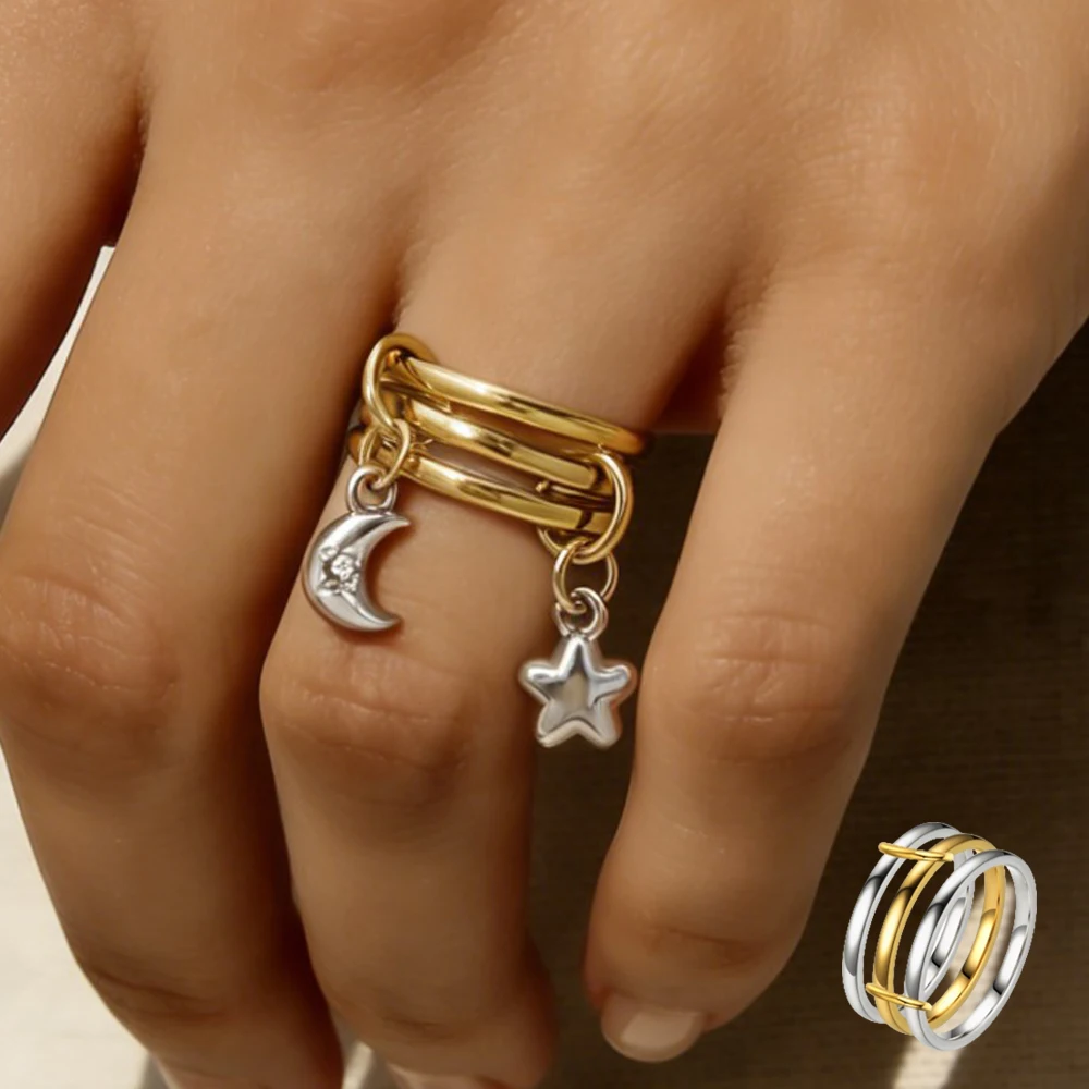 Mond-Stern-Anhänger Spinelli-Ringe für Frauen Goldfarben Edelstahl Ineinandergreifender Ring Modischer Fingerschmuck Geschenke