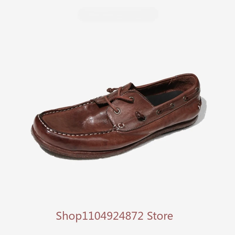 Handcrafted Vintage Genuine Leather Casual Shoes Men Lace-Up Boat Shoes Comfortable Driving Shoes