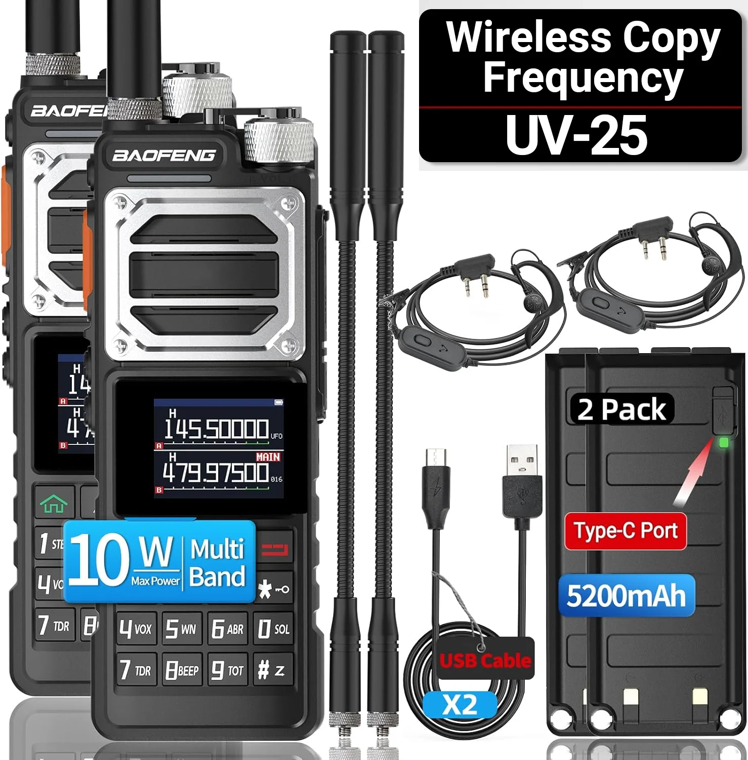 

1/2X BAOFENG UV-25 10 Вт рация многодиапазонная беспроводная частота копирования Type-C зарядное устройство дальнего действия NOAA двустороннее радио для кемпинга
