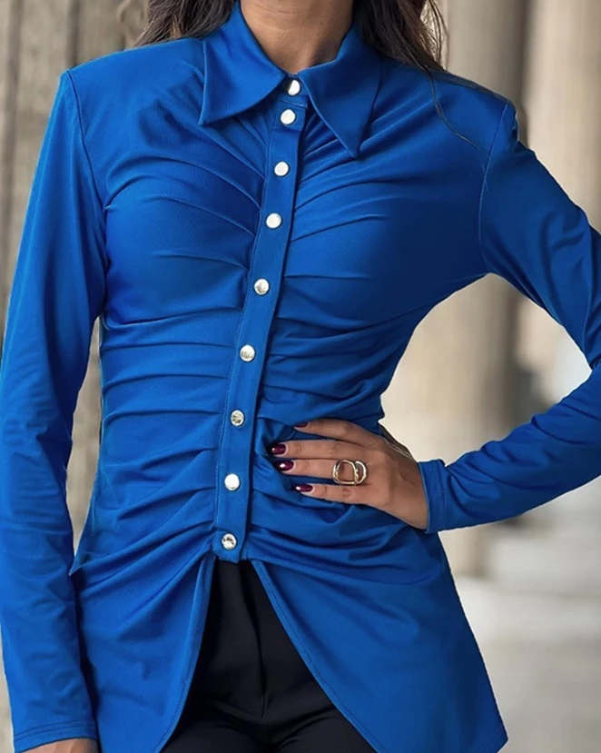 

In Stock 2024, Xianhui Women's Ribbed Pleated Asymmetrical Hem Long Sleeved Casual Lapel Tight Fitting Shirt Clothes Are Popular