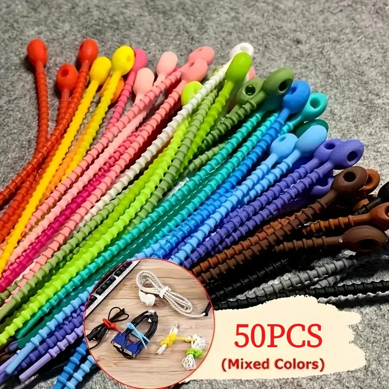 50pcs Silicone Reusable Cable Organizers, Cable Wraps,Cable Ties for Cable Management, Zipper Ties (Random Color)