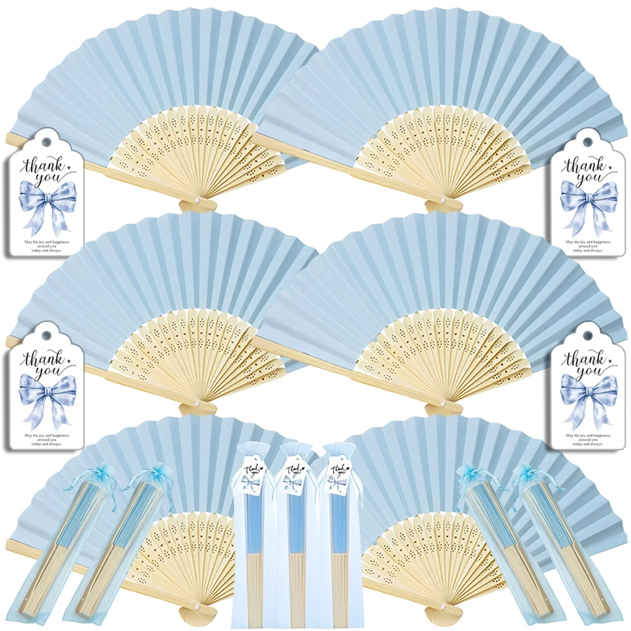 Juego de 15/45 Abanicos de Mano Azul Claro, Abanico Plegable de Seda de Bambú, Incluye Tarjeta de Agradecimiento y Bolsa de Regalo, Accesorios para Fiestas