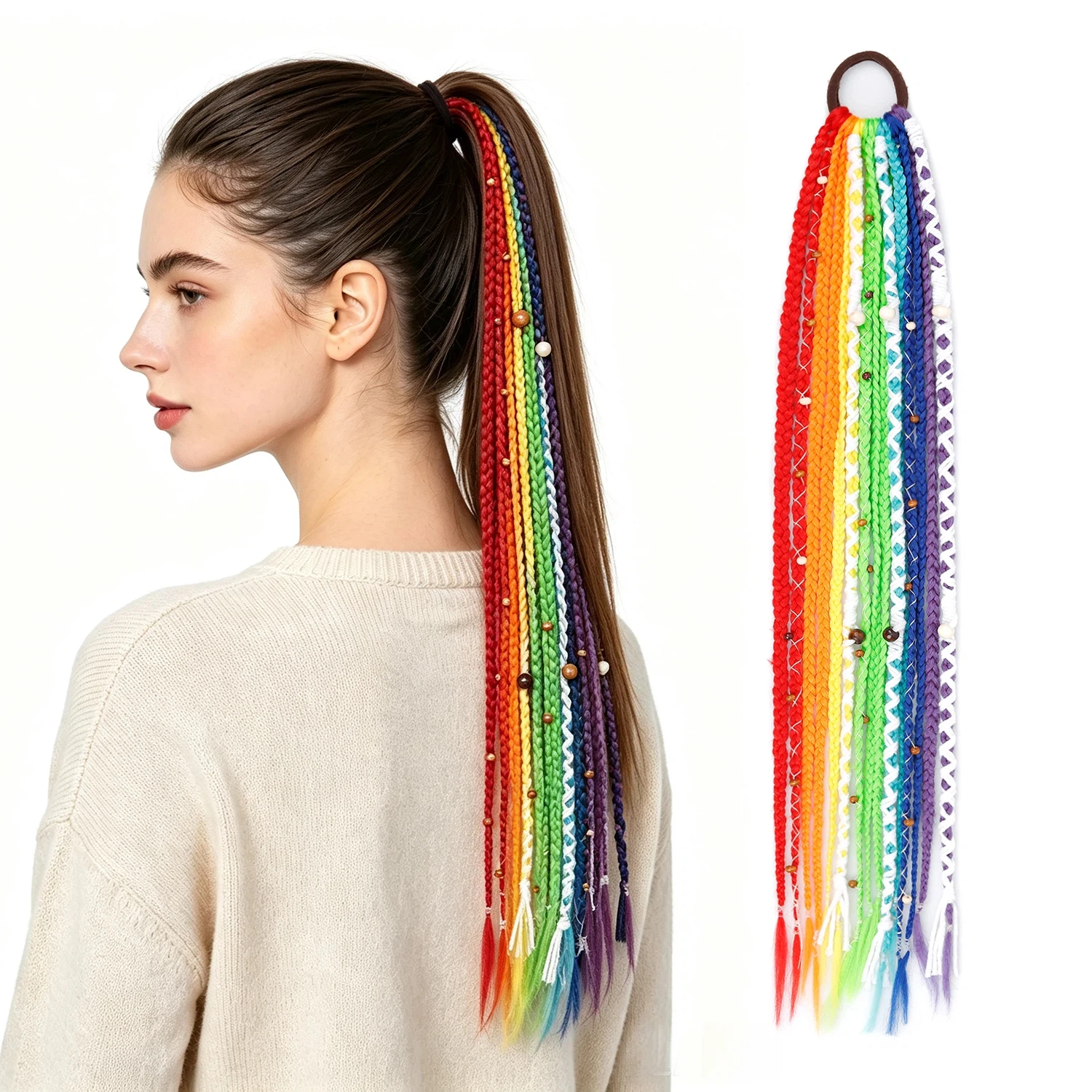 Bohemian Hand Woven Braid Ponytail Synthetic Hair Extensions 24 Inch Elastic Hair Tie Ponytail for Music Festival Vacation
