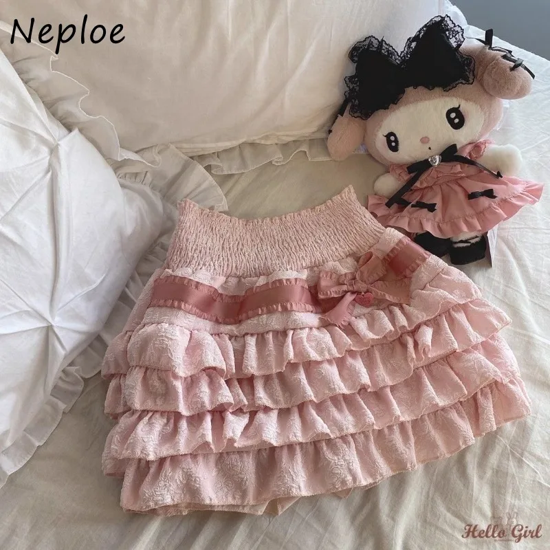 Neploe Fashion Sweet Fungus Ruched Cake Skirts Y2k High Waist A-line Skirt for Women 2025 Summer New All-match Faldas Mujer