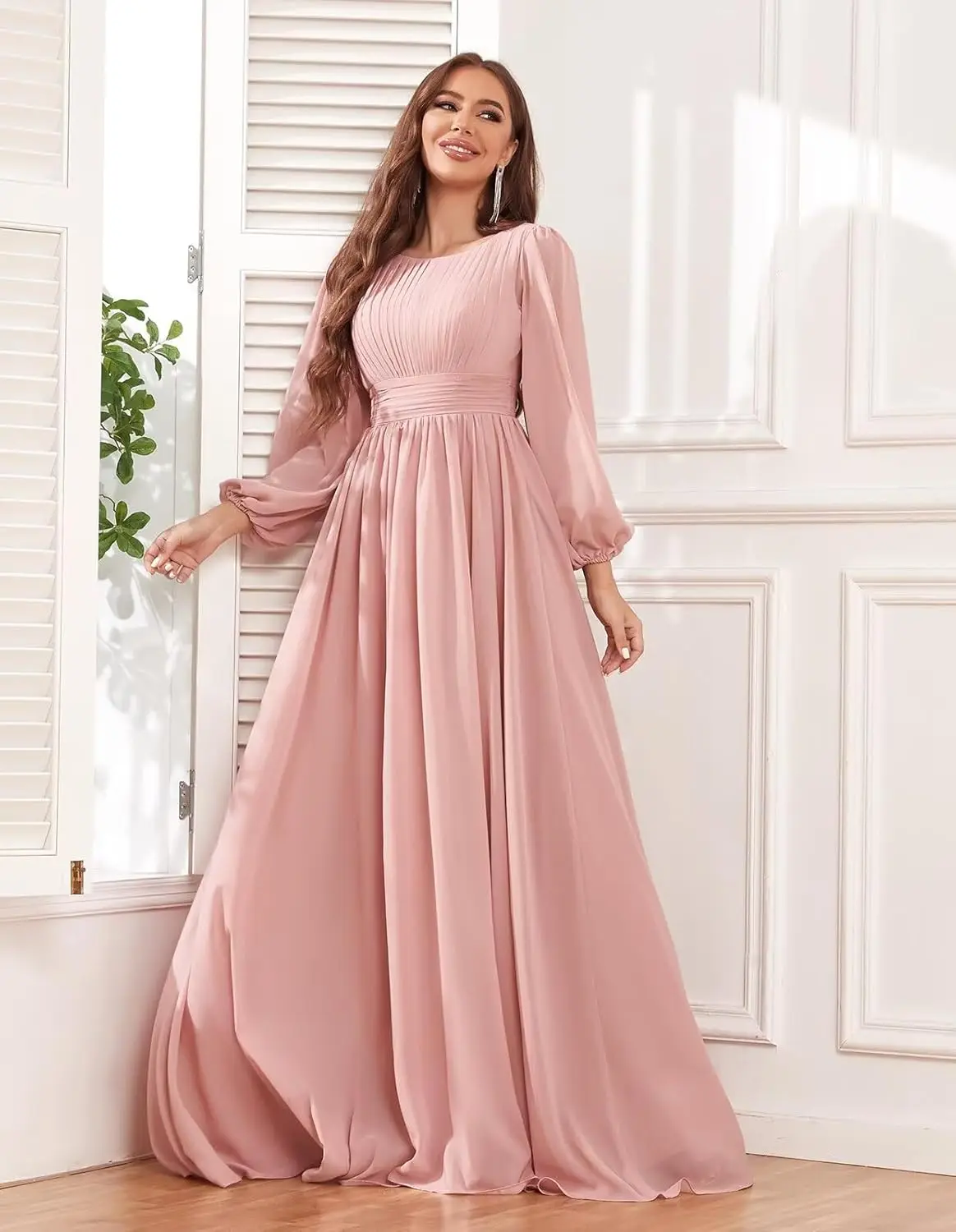 แขนยาวชีฟองชุดเพื่อนเจ้าสาวสำหรับผู้หญิงยาวเอวเอ็มไพร์แต่งงานชุดราตรีอย่างเป็นทางการชุดราตรี