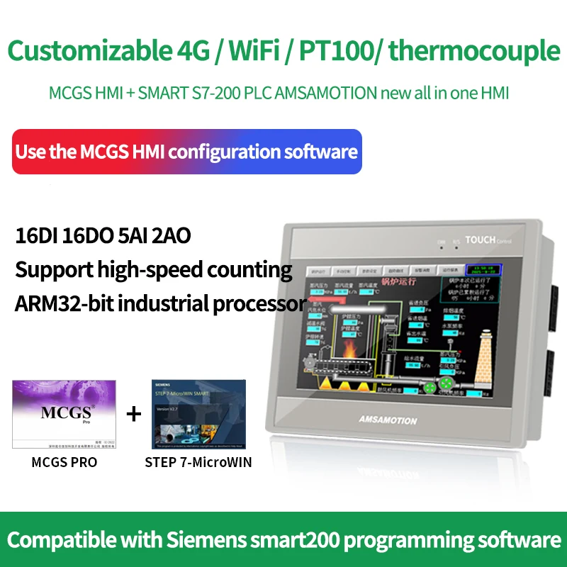 Новая многофункциональная машина AMSAMOTION 4G Wifi HMI с 7-дюймовым сенсорным экраном SMART S7-200+MCGS, 16I 16O 5AI 2AO PT100 MSE7A-32MR