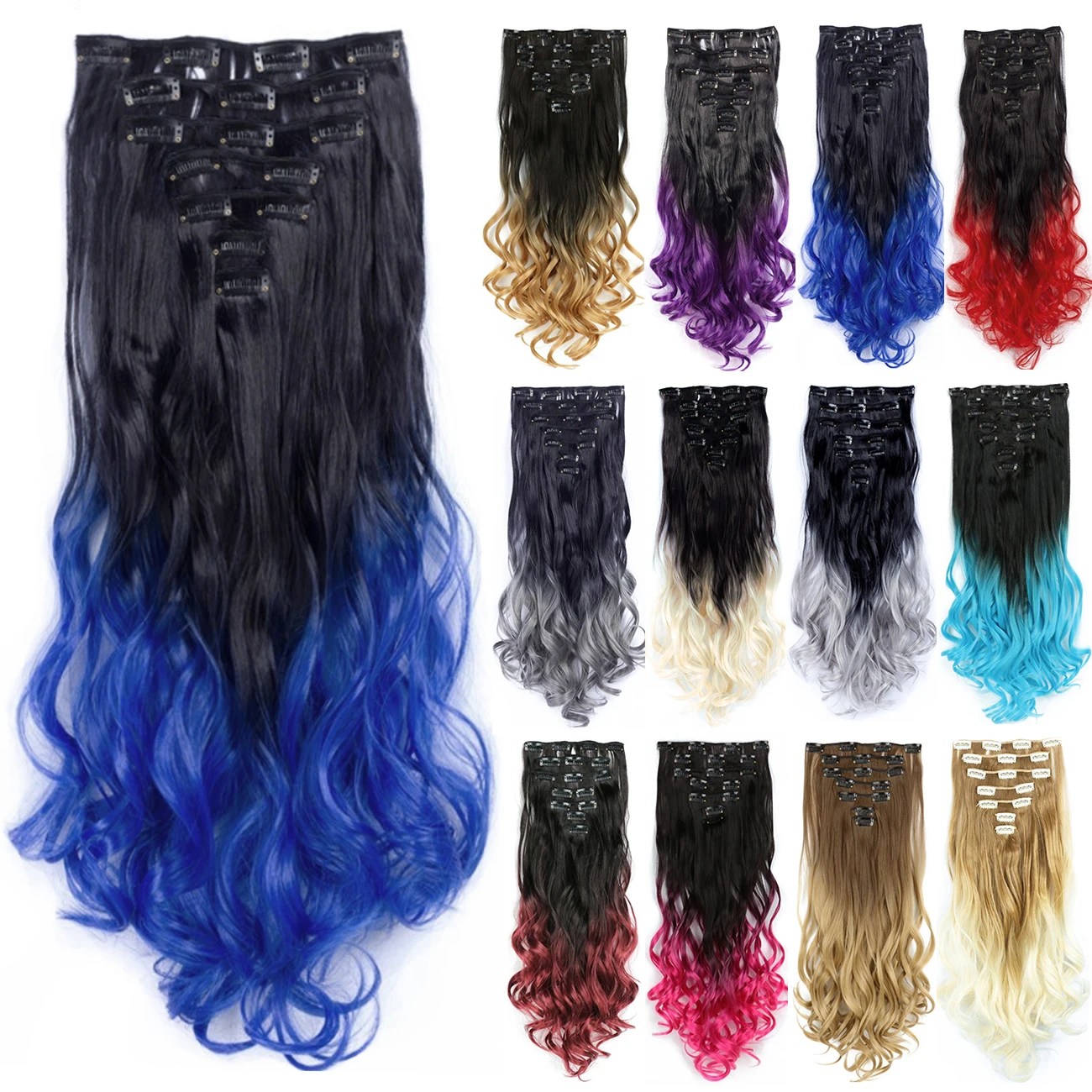 

Soowee Curly Synthetic Hair Ombre Blue Clip in Hair Extensions Full Head Hair Pieces for Women Postiche Fake Natural Hair